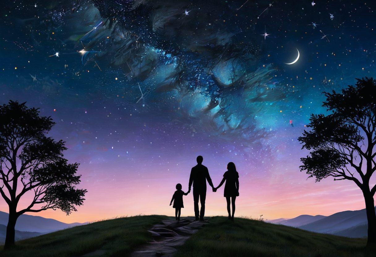 A starry night sky filled with vibrant constellations, with two intertwined silhouettes standing on a hill, gazing at the cosmos. Their hands are illuminated by soft, glowing hearts that float around them, symbolizing love and connection. Underneath, a path made of glowing stars leading towards a bright, warm moon. The overall mood is romantic and dreamy. super-realistic. vibrant colors. cosmic theme.