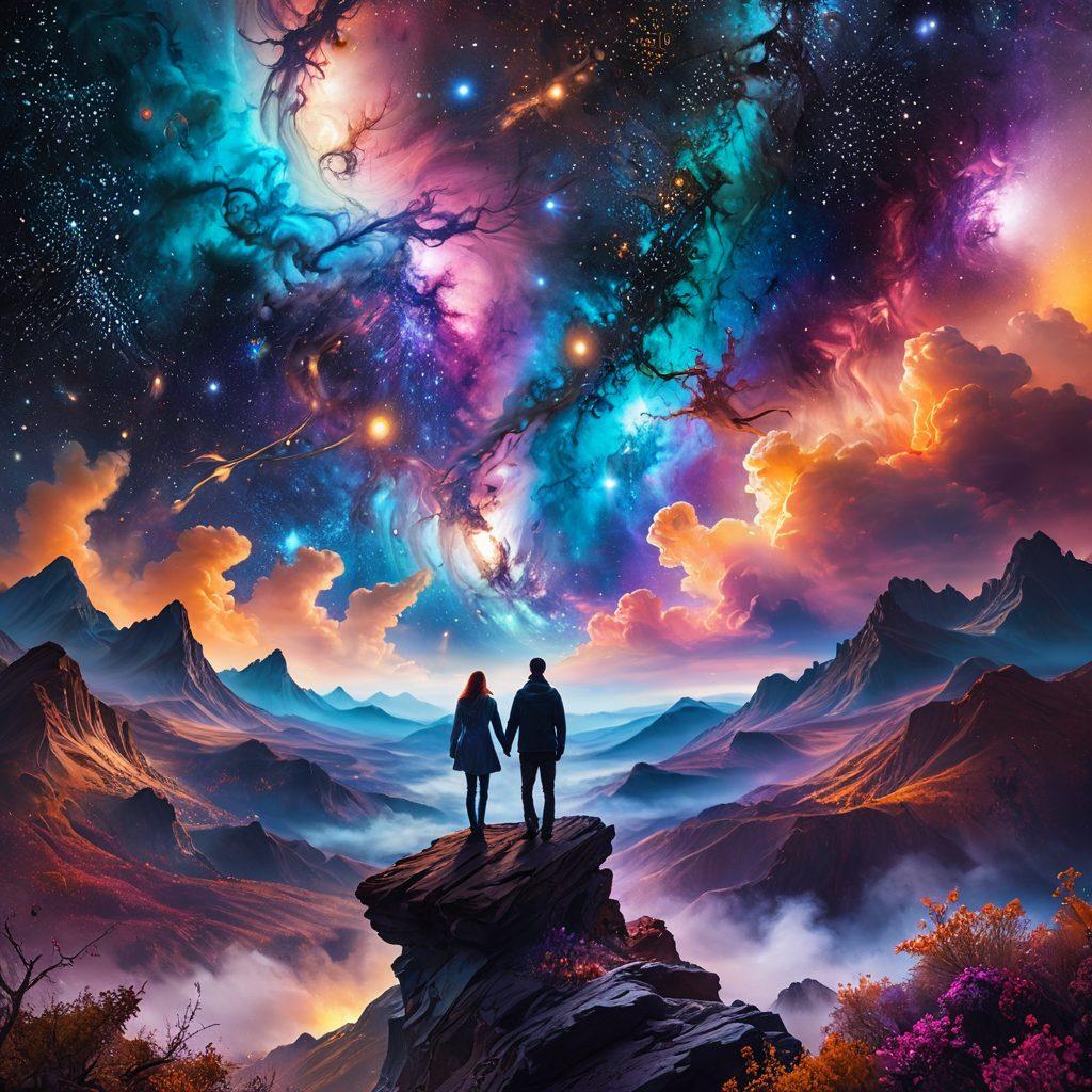 A dreamy cosmic landscape symbolizing a thriving relationship, featuring two intertwined galaxies representing unity, with planets of different colors showcasing fondness morphing into passion. Soft stardust trails connecting the galaxies enhance the sense of growth. Ethereal light illuminating the scene, portraying warmth and connection. vibrant colors. surreal style.